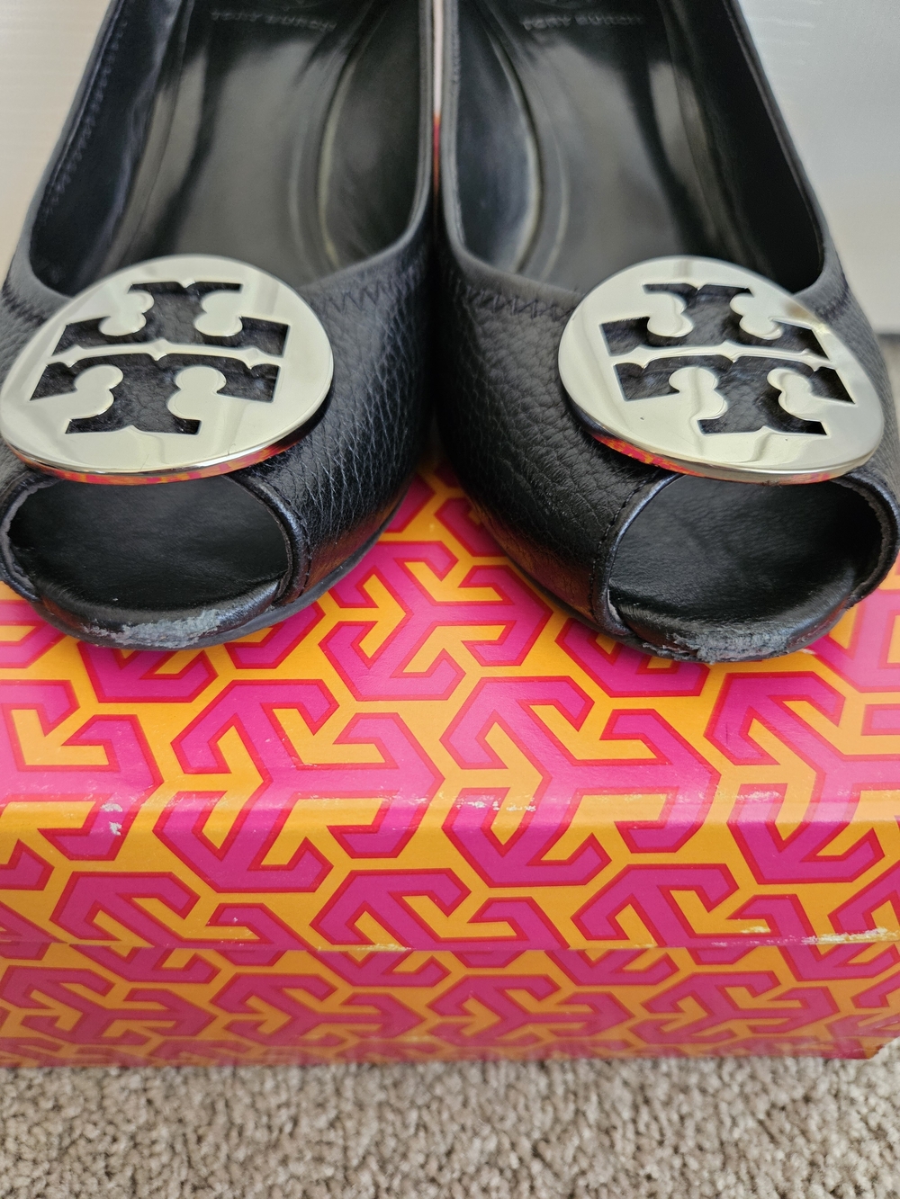 Tory Burch Black Leather Peep-Toe Wedges with Silver Logo Accent - Picture 4 of 11